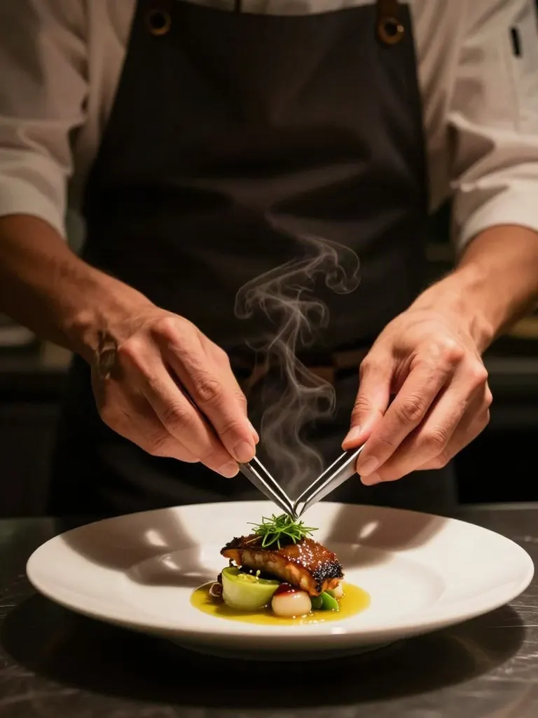 The chef's hands placing a herb with tweezers onto a plate, steam rising