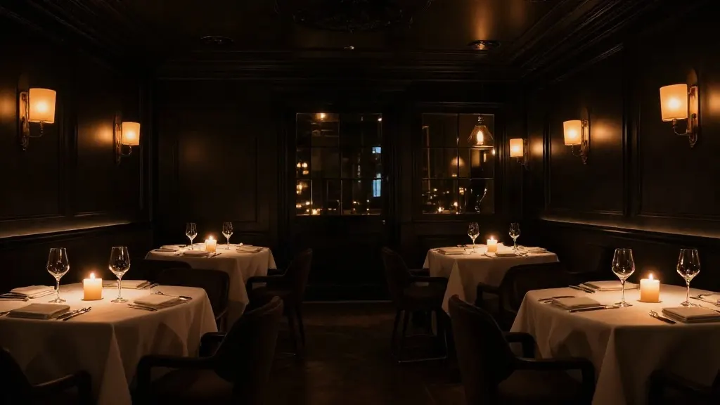The candlelit dining room at Cendre, dark panelled walls and white linen tables