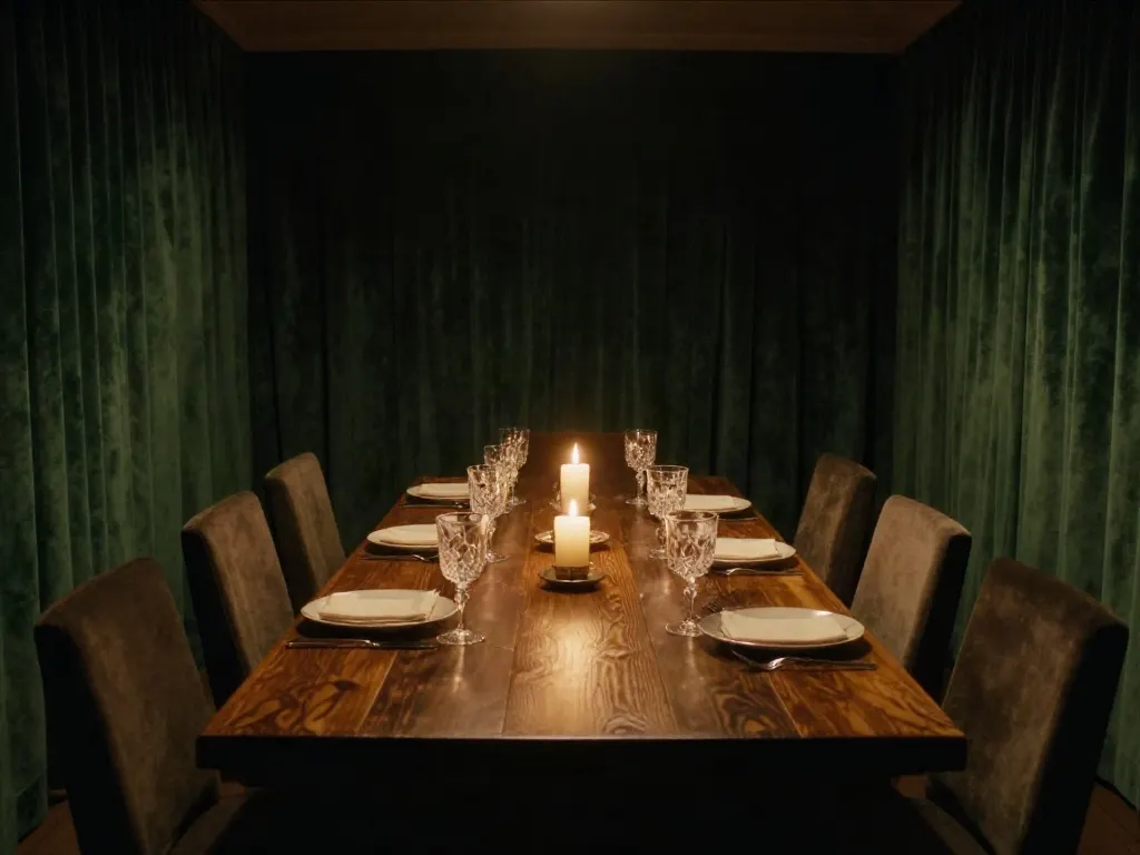 A long oak table set for ten with candles, in a room hung with deep green velvet