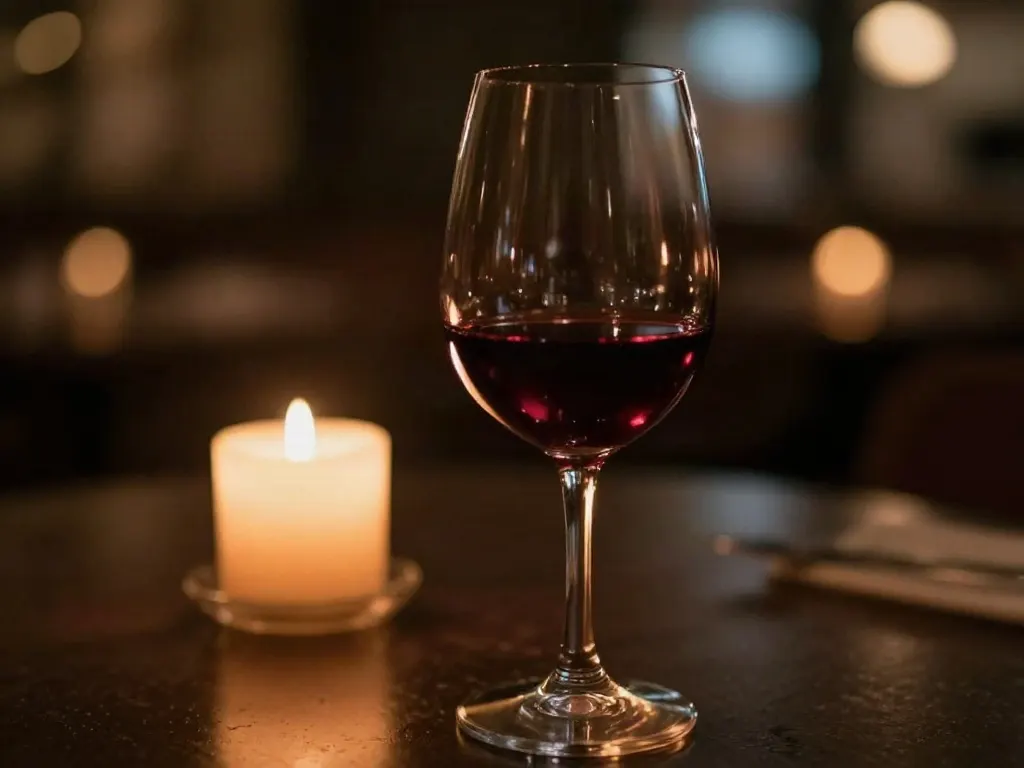 A candle burning beside a glass of red wine on a dark table